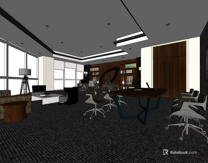 Modern Office Interior With Large Windows Desk Office Chairs Bookshelves And Carpet 3d model 