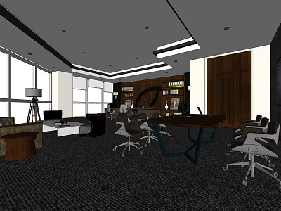 Modern Office Interior With Large Windows Desk Office Chairs Bookshelves And Carpet 3d model