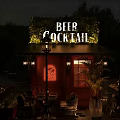 Outdoor Bar With Beer Cocktail Seating And Evening Ambient Lighting