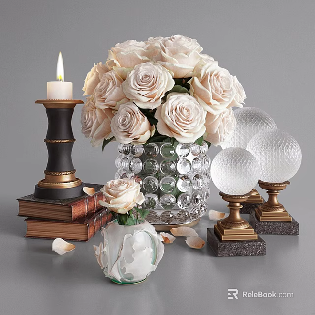 Elegant Decorative Ornament Set with White Roses Crystal Vase Candle Holder Books and Crystal Spheres 3d model 