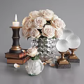Elegant Decorative Ornament Set with White Roses Crystal Vase Candle Holder Books and Crystal Spheres