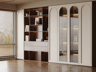 Elegant Modern Full Wall Bookcase With Arched Glass Doors And Built In Warm Lighting 3d model
