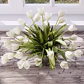 Beautiful White Tulips Arranged In Glass Vase Near Window With Natural Light