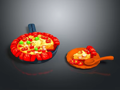 Fresh Pizza Dish in Pan with Red Green Toppings and Wooden Spoon 3d model