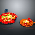 Fresh Pizza Dish in Pan with Red Green Toppings and Wooden Spoon