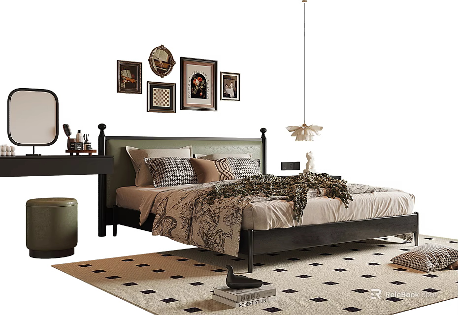Stylish Double Bed With Pillows Blanket Framed Wall Art And Pendant Light 3d model 
