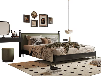 Stylish Double Bed With Pillows Blanket Framed Wall Art And Pendant Light 3d model
