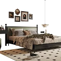 Stylish Double Bed With Pillows Blanket Framed Wall Art And Pendant Light
