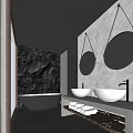 Elegant Modern Hotel Bathroom With Double Sinks Freestanding Bathtub Stone Texture Wall And Round Mirrors
