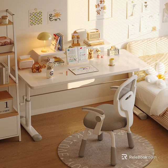 White Height Adjustable Desk In Bedroom With Table Lamp Books Stationery Chair Sunlight And Rug 3d model 