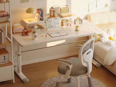 White Height Adjustable Desk In Bedroom With Table Lamp Books Stationery Chair Sunlight And Rug 3d model