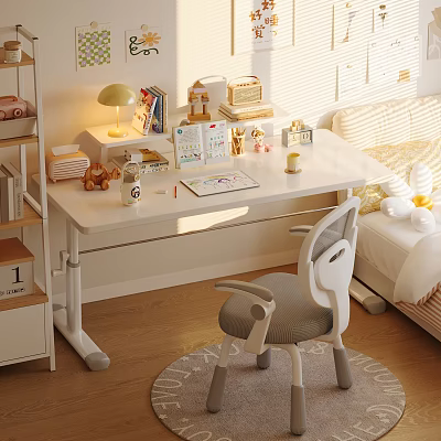 White Height Adjustable Desk In Bedroom With Table Lamp Books Stationery Chair Sunlight And Rug 3d model