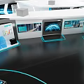 Futuristic Control Room Interior With High Tech Blue White Design And Circular Console Screens