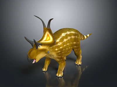 Triceratops Standing On Dark Surface With Yellow Brown Striped Body Horns Frill And Open Mouth 3d model