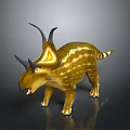 Triceratops Standing On Dark Surface With Yellow Brown Striped Body Horns Frill And Open Mouth