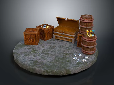Vintage Household Items Display With Open Wooden Chest Barrels Candles And Small Items 3d model