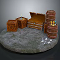 Vintage Household Items Display With Open Wooden Chest Barrels Candles And Small Items