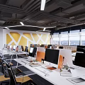Modern Public Office Space With Workstations Computers Yellow Wall Design Large Windows And Lighting 3d model