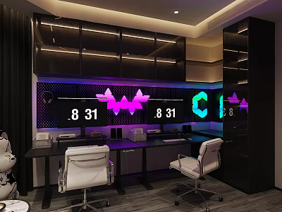 Modern Computer Workstation With Dual Monitors Black Desk White Chairs And Purple Lighting 3d model