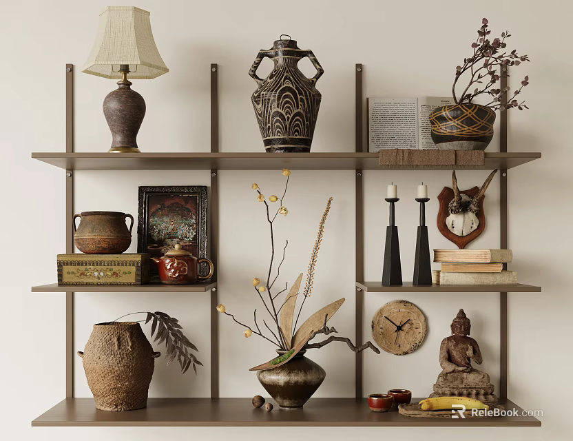 Ornament and Decor Combination Featuring Vases Lamp Clock Buddha Statue on Shelf 3d model