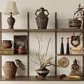 Ornament and Decor Combination Featuring Vases Lamp Clock Buddha Statue on Shelf 3d model