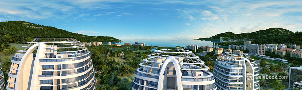 Aerial Planning of Modern Cityscape with Green Parks Sea and Mountains Under Clear Sky 3d model 