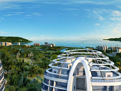 Aerial Planning of Modern Cityscape with Green Parks Sea and Mountains Under Clear Sky 3d model