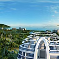 Aerial Planning of Modern Cityscape with Green Parks Sea and Mountains Under Clear Sky