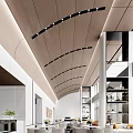 Contemporary Lounge Area Design Featuring Wooden Curved Ceiling Recessed Lighting And Open Display Shelves