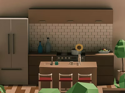 Cartoon Kitchen Scene With Brown Cabinets White Tiled Wall Sunflower Decoration Red Chairs Green Plants 3d model