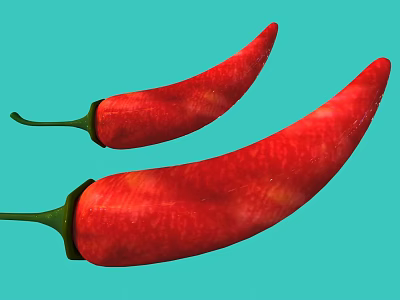 Fresh Vibrant Red Chili Peppers With Green Stems On Blue Background 3d model
