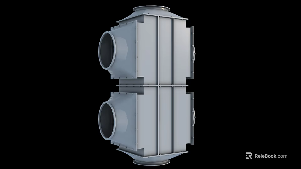 Industrial Stainless Steel Equipment With Symmetrical Square Structure And Circular Pipeline Ports 3d model 