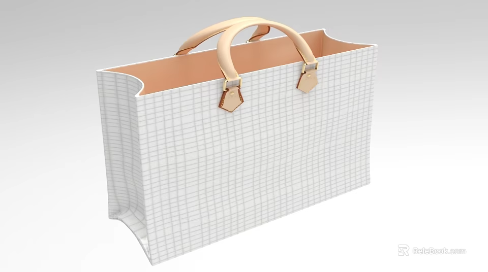 Minimalist White Grid Pattern Handbag With Beige Leather Handles And Structured Shape 3d model