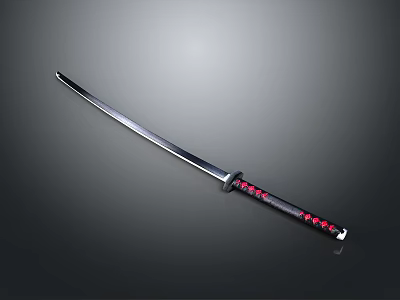 Traditional Samurai Sword with Long Sharp Blade Black Handle Red Accents and Metal Guard 3d model