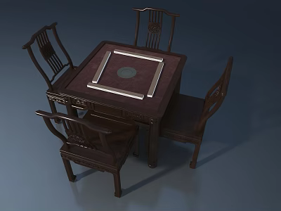 Chinese Style Dark Brown Wooden Dining Table With Four Carved Chairs And Round Center Decoration 3d model