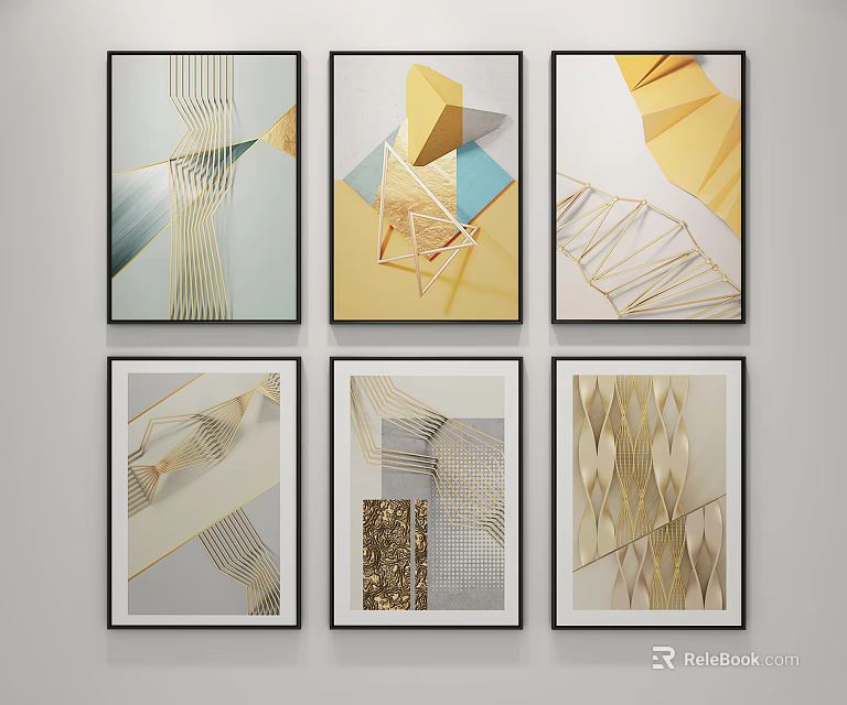 Set of Six Modern Geometric Wall Art With Abstract Patterns And Black Frames 3d model