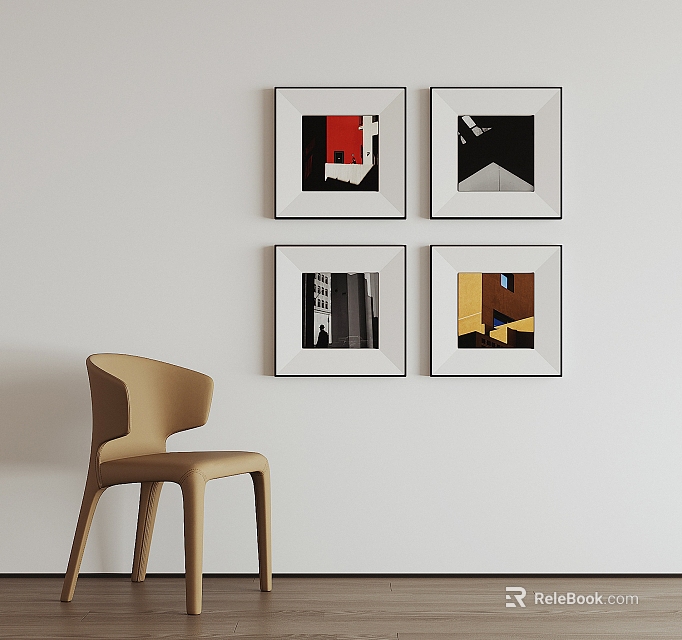 Four Abstract Paintings on White Wall with Beige Chair in Room 3d model 
