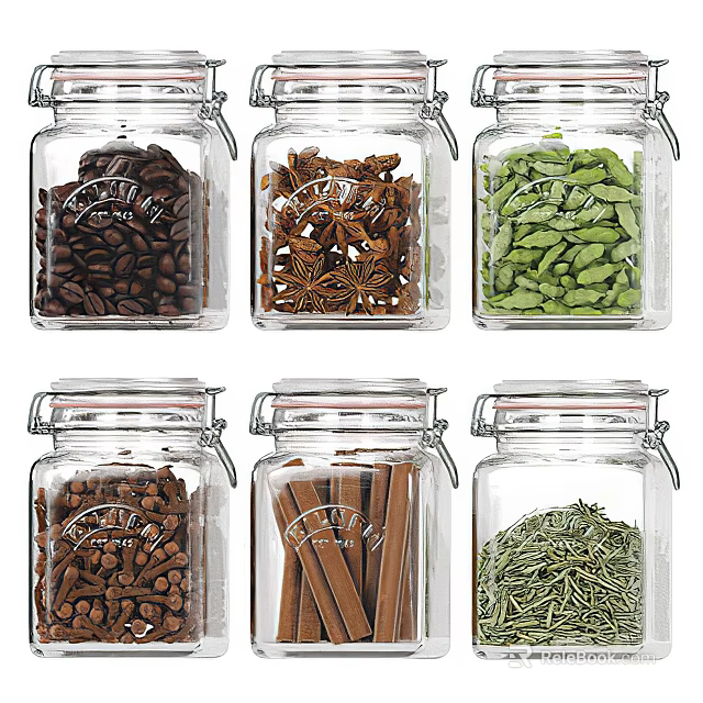 Clear Glass Spice Jars with Clip Top Lids for Storing Various Herbs and Spices 3d model 