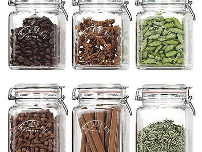 Clear Glass Spice Jars with Clip Top Lids for Storing Various Herbs and Spices 3d model