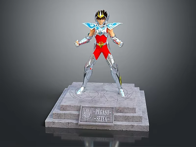 Game Movie Character Model in Red Silver Armor With Blue Shoulder Decorations on Engraved Pedestal 3d model