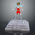 Game Movie Character Model in Red Silver Armor With Blue Shoulder Decorations on Engraved Pedestal