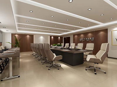 Modern Conference Room Design With Long Table Comfortable Chairs Wooden Walls And Ceiling Lights 3d model