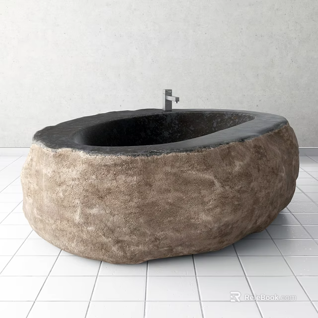 Natural Stone Washbasin With Black Inner Basin And Silver Faucet On White Tiled Floor 3d model 