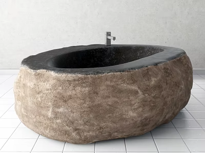 Natural Stone Washbasin With Black Inner Basin And Silver Faucet On White Tiled Floor 3d model