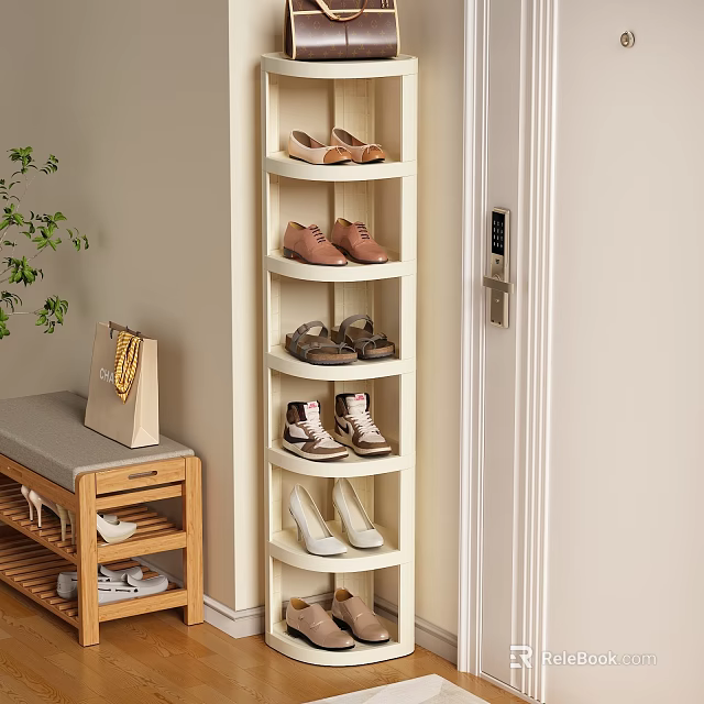 Multi tiered Hallway Shoe Rack With Different Shoes And Storage Bench 3d model