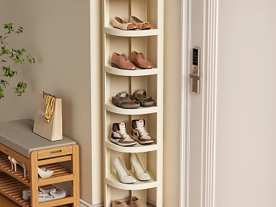 Multi tiered Hallway Shoe Rack With Different Shoes And Storage Bench 3d model