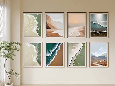 Eight Framed Landscape Paintings With Ocean Waves Desert Sunrise And Indoor Plant Wall Decor 3d model
