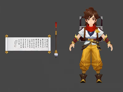 Cartoon Style Adventurer With Red Scarf Yellow Pants And Scroll Near Fantasy Creature Staff 3d model