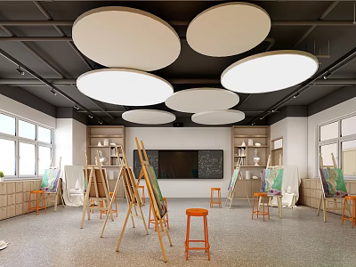 School Art Classroom With Easels Blackboard Round Ceiling Lights Windows Stools And Storage Cabinets 3d model
