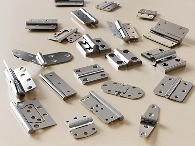 Various Metal Hinges And Hardware Fasteners On Wooden Surface 3d model